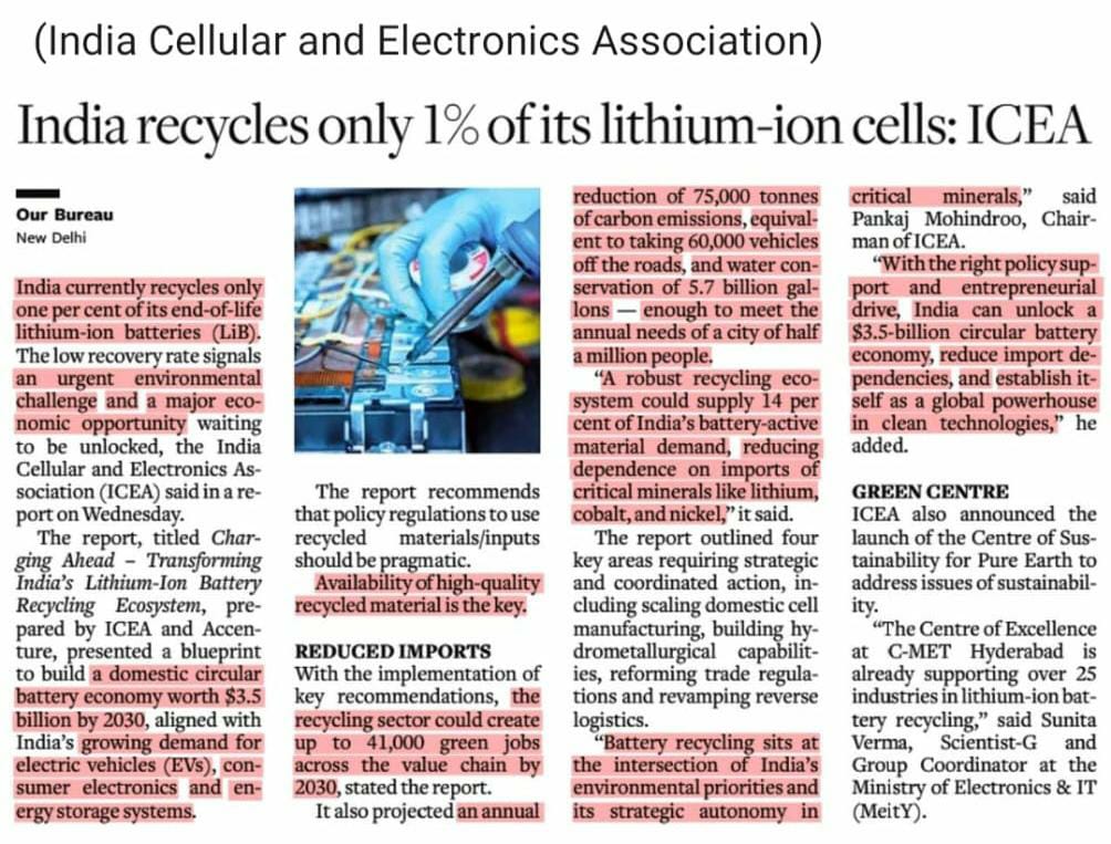 mdkustech's tweet photo. 🔋 India recycles only 1% of its lithium-ion batteries.
https://t.co/G5JMd14O2n
That’s not just an environmental challenge—it’s a $3.5B opportunity waiting to be unlocked.
#MDKSustech #BatteryRecycling #CircularEconomy #CleanEnergyIndia #SustainableIndia #EVRevolution https://t.co/QZeLLcc13n