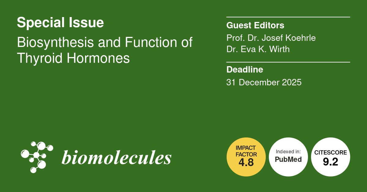 Biomol_MDPI's tweet image. 🧬 Explore “Biosynthesis and Function of Thyroid Hormones” Guest-edited by Prof. Köhrle and Dr. Wirth
🔗 brnw.ch/21wUd3R
🗓️ 31 Dec 2025
⭐ Featured article:
“Structural Insights into the Iodothyronine Deiodinase 2 Catalytic Core (...)”
📎 brnw.ch/21wUd3Q
