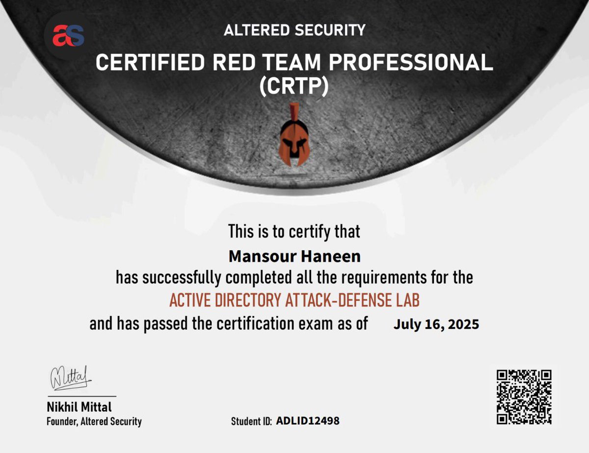 ولله الحمد حصلت على شهادة
CRTP - محترف الاختراق Active Directory

من <a href="/AlteredSecurity/">Altered Security</a> 
#CRTP