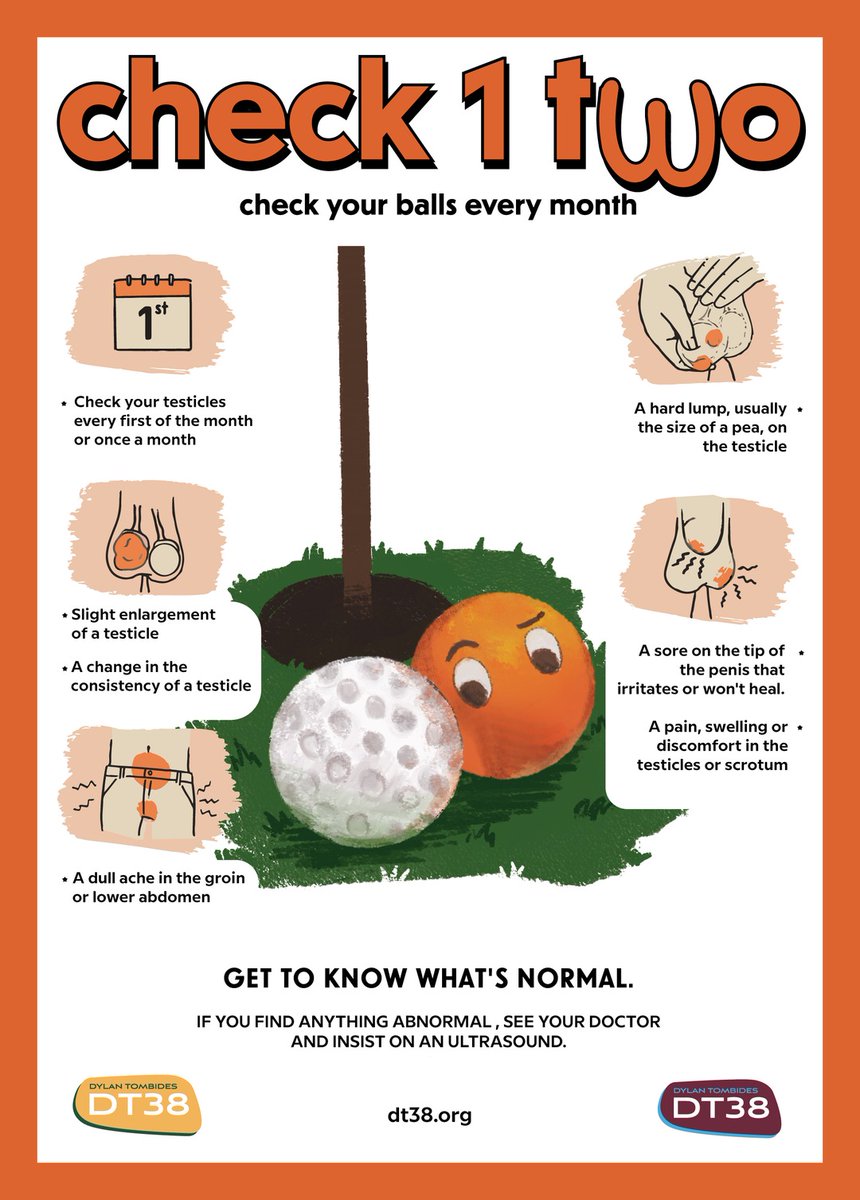 Dylantombides's tweet image. We hope you all enjoy The Open this week⛳️
If you're haven't already, it's time for you to get in the swing of self-checking your balls once a month.
Our graphic will show you what you do.
#WeAreDT38