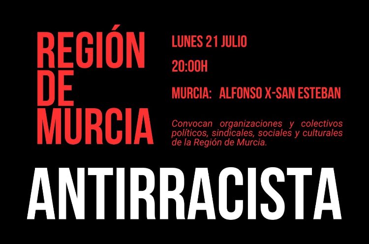 📢 REGIÓN DE MURCIA ANTIRRACISTA 

🗓️ Lunes 21 de julio
⌚ 20:00 h
📍Alfonso X - San Esteban
🏙️ Ciudad de Murcia

📜🗣️¡Fuerza Torre Pacheco!