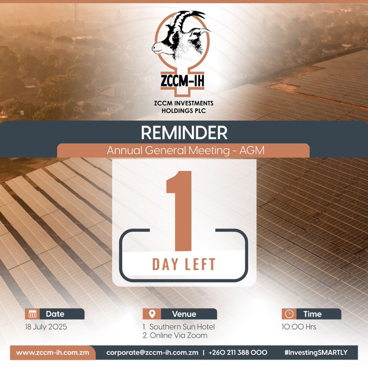 We are just 1 day away from the 21st Annual General Meeting taking place tomorrow Friday, 18th July 2025.
Register using the below link to ensure you do not miss this important event.
Registration Link: zccm-ih.financifi.com/news-and-media…