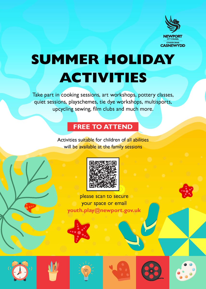 SUMMER HOLIDAYACTIVITIES: Take part in cooking sessions, art workshops, pottery classes,quiet sessions, play schemes, tie dye workshops, multi-sports, up-cycling sewing, film clubs and much more. FREE TO ATTEND.
Please email youth.play@newport.gov.uk