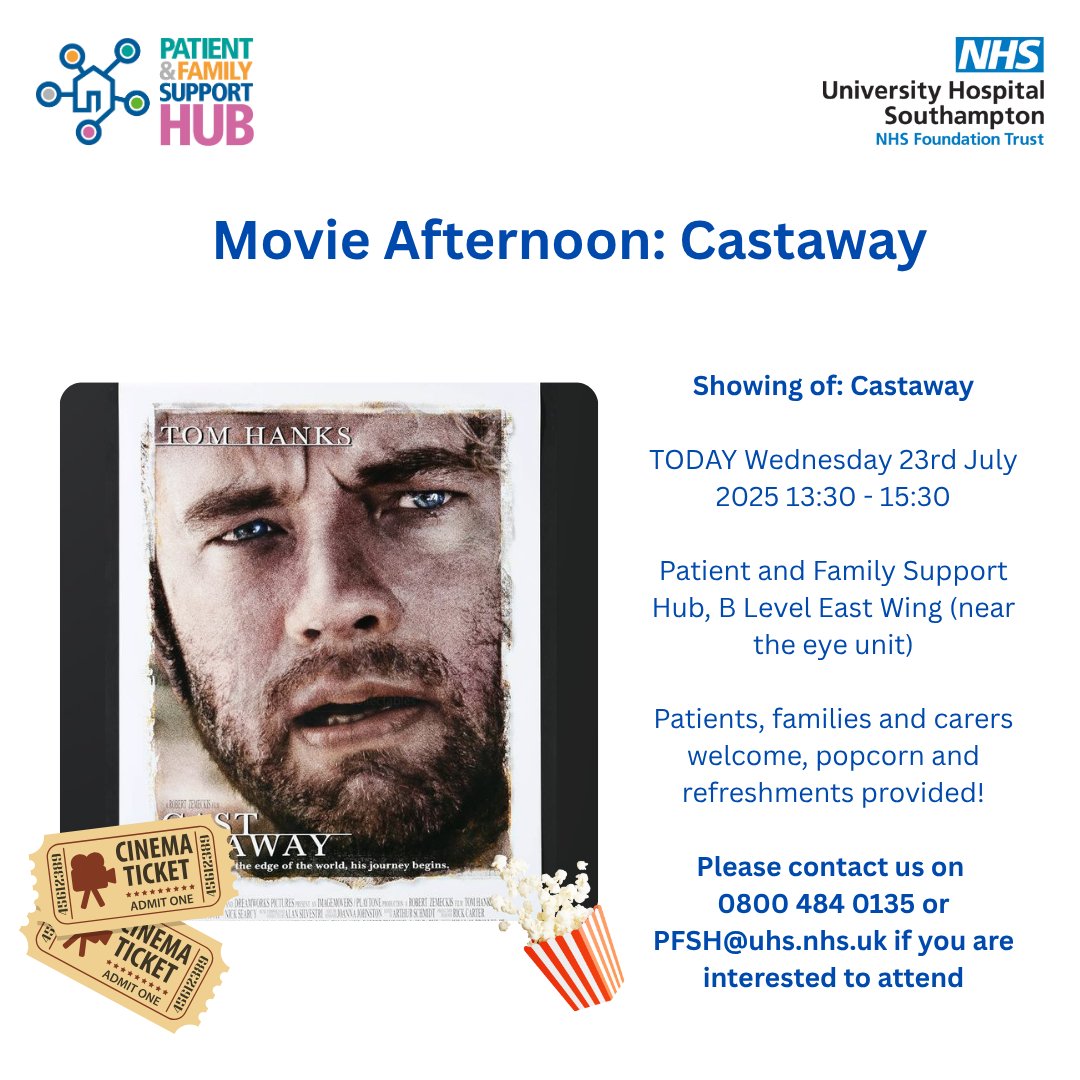 UHS_SupportHub's tweet image. Our weekly Wednesday movie in the Patient and Family Support Hub this afternoon will be Castaway! Please see below for details: 👇❤️