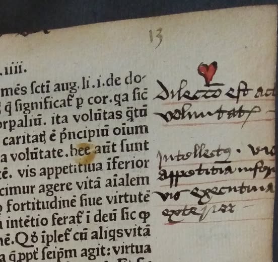 MarshsLibrary's tweet image. An early reader left a heart emoji in Johannes Nider's commentaries printed in Paris 543 years ago #EmojiDay