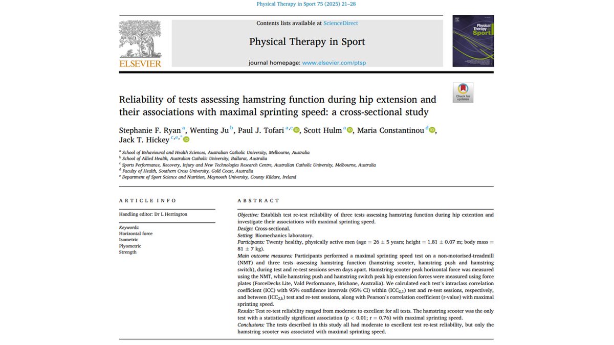 New study led by Steph Ryan available open access via the link below:
sciencedirect.com/science/articl…

We described three tests assessing hamstring function during hip extension, established their test re-test reliability and investigated their associations with maximal sprinting speed🏃