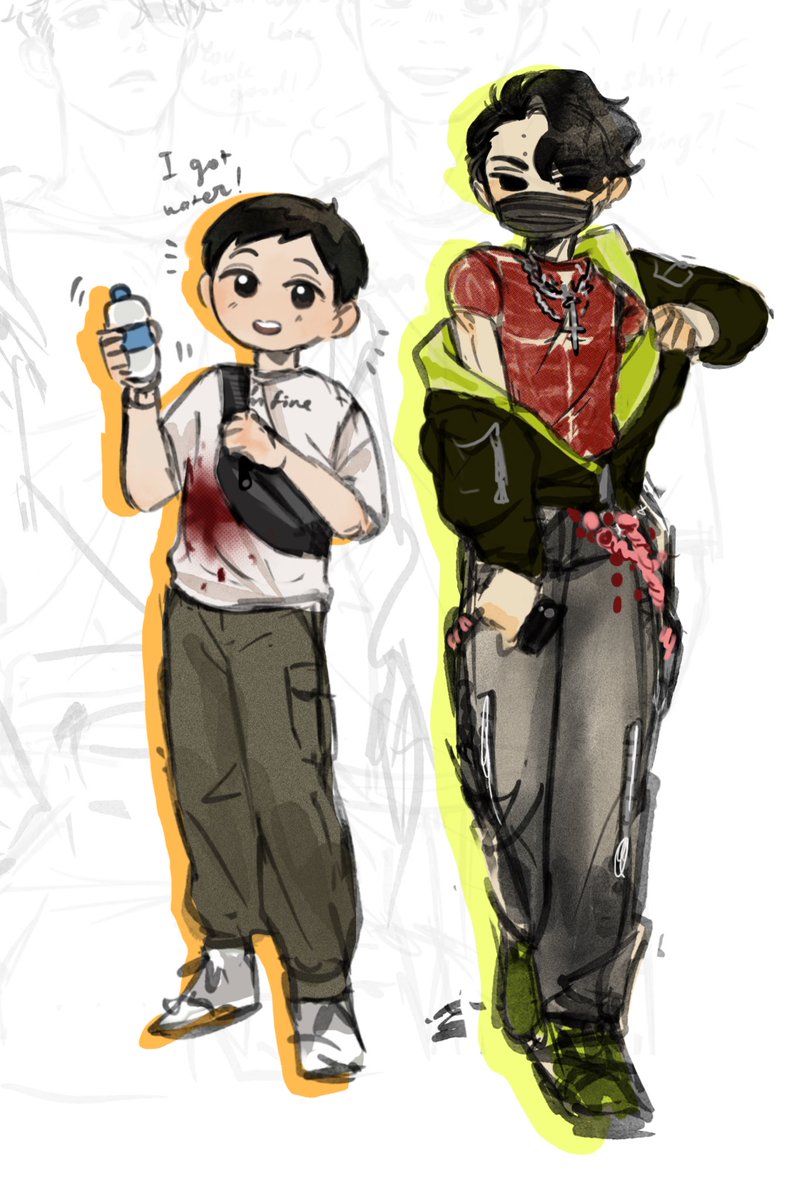 goatticorn's tweet image. ennosaku “matching” city date outfit
💚💛🖤🧡
(ennoshita’s shirt said “I’m fine”)
(Sakusa got his god awful neon colors)