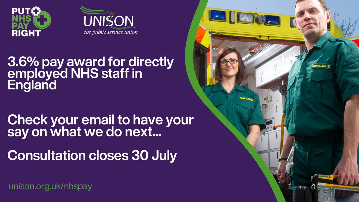 UNISONOurNHS's tweet image. There's still time to have your say in our NHS pay consultation for England.
Check your email for your personal voting link, and let us know whether you would be willing to take industrial action to seek an improvement to this year's 3.6% pay award.
unison.org.uk/nhspay