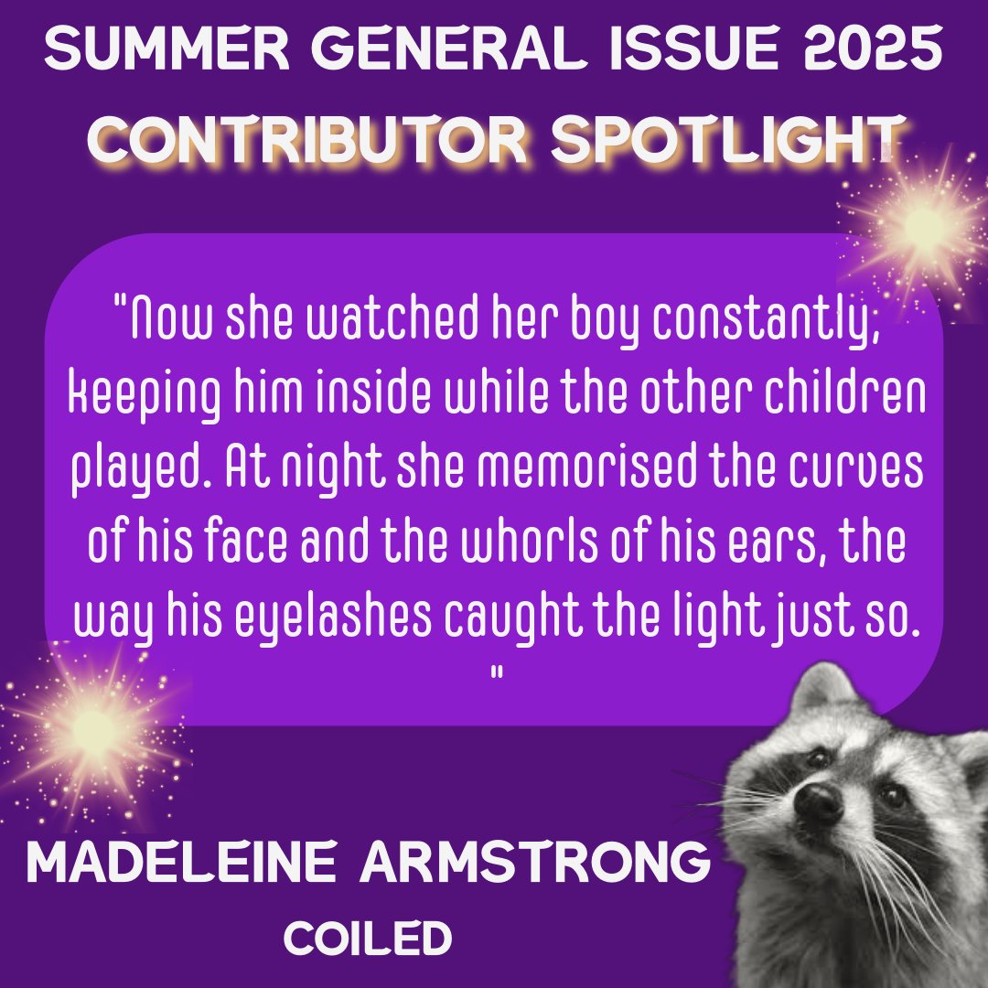 TrashCatLit's tweet image. From our latest issue 🦝
We loved the tension in this stellar piece and the way animal facts enhanced the narrative. A powerful, emotionally charged story from @Madeleine_write.
trashcatlit.com/coiled/
Madeleine also got stuck into a Q&A - read that here:
trashcatlit.com/2025/07/17/q-a…