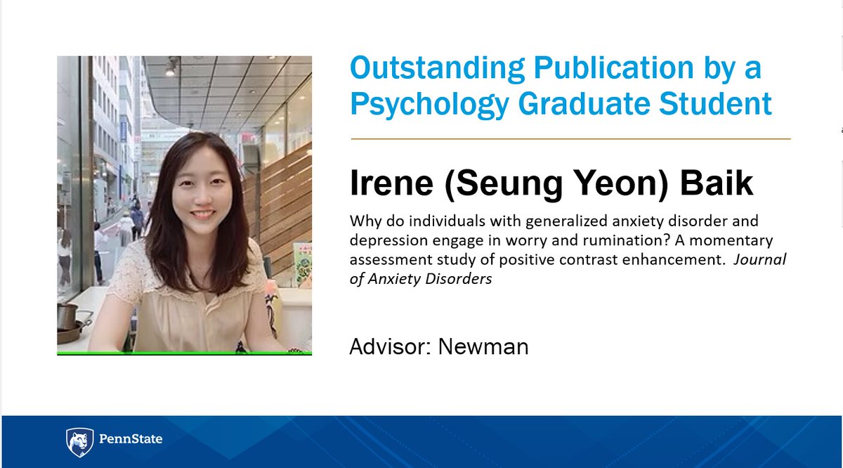 PSUPsychology's tweet image. Please help us congratulate Penn State graduate student Irene (Seung Yeon) Baik for receiving the Outstanding Publication by a Psychology Graduate Student Award. For more, see newmanlabweb.wixsite.com/home/people