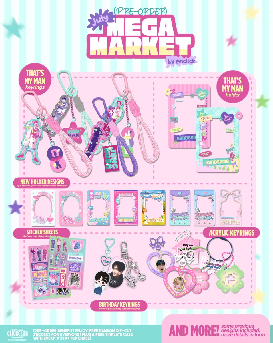 ⋆˚꩜｡ MEGA MARKET !! ۶ৎ
july collection — preorder by enclickph 

₱70 ~ ₱480

eta: end of august
doo: 07/24 ⭐️ dop: 07/25

⟡ check thread for pre-order benefit 🎀
⟡ open for 🌐 GO with ph add 📩

꒰ order here! ꒱
form.jotform.com/251961826784066