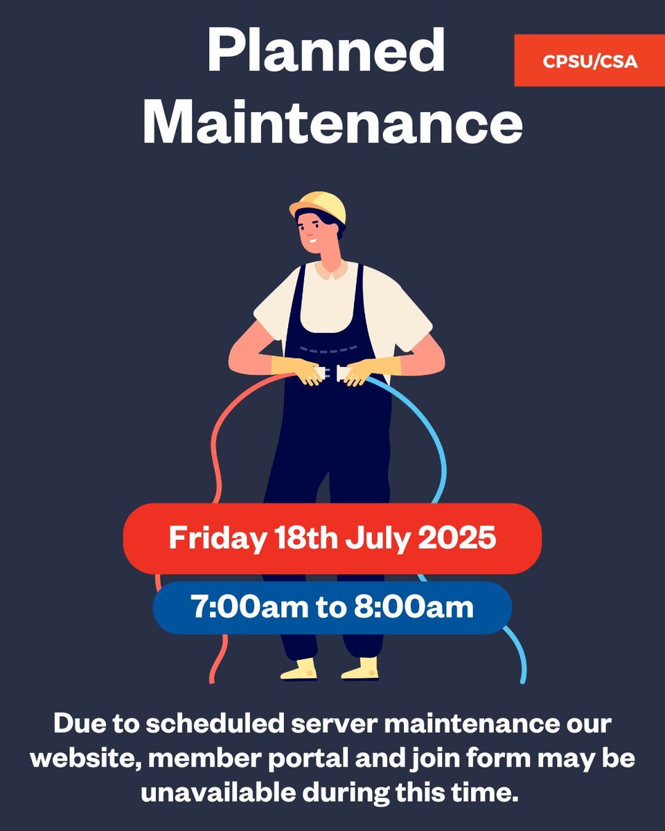 ⚠️𝗡𝗼𝘁𝗶𝗰𝗲 𝗼𝗳 𝗽𝗹𝗮𝗻𝗻𝗲𝗱 𝗺𝗮𝗶𝗻𝘁𝗲𝗻𝗮𝗻𝗰𝗲 - 𝟴 𝗝𝘂𝗹𝘆 𝟮𝟬𝟮𝟱🛠️
Our IT Team will be completing scheduled server maintenance tomorrow, 18 July from 7am-8am. During this time, the CPSU/CSA Website, Member Portal &amp; Join Form will be temporarily unavailable.