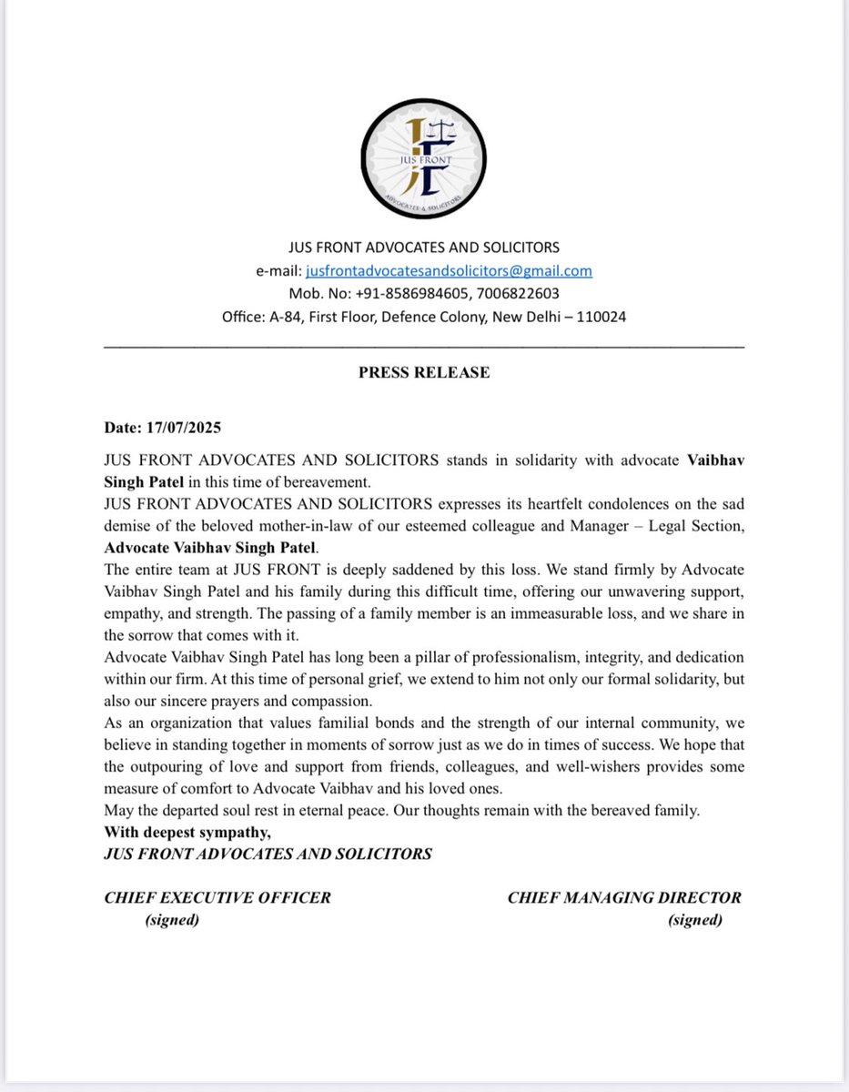 JUS FRONT ADVOCATES AND SOLICITORS expresses its heartfelt condolences on the sad demise of the beloved mother-in-law of our esteemed colleague and Manager - Legal Section, Advocate Vaibhav Singh Patel.
<a href="/SCJudgments/">Latest Supreme Court Judgments</a> <a href="/ndtv/">NDTV</a> <a href="/aajtak/">AajTak</a> <a href="/GulistanNewsTV/">Gulistan News</a>