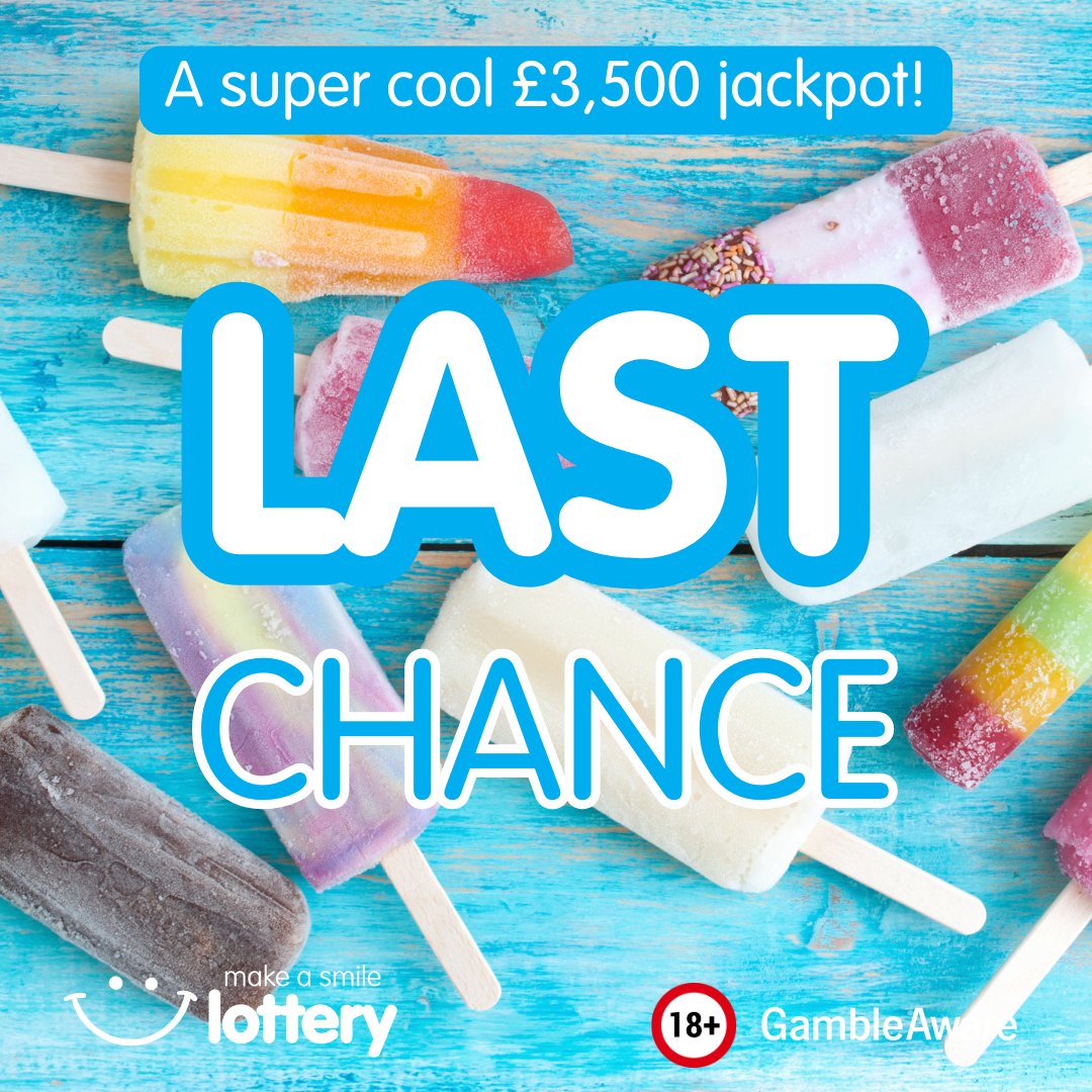 🍦 LAST CHANCE!  Our rollover is at a delicious £3,500!  Stay cool, and maybe you’ll be counting lolly instead of licking one!  Snap up your tickets today
bit.ly/3QquXxB
18+ Gamble Aware T&amp;Cs apply
#FinalCall #Jackpot #makeasmilelottery