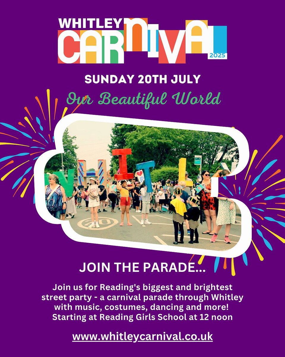 Whitley_CDA's tweet image. Whitley Carnival is back on Sunday 20th July!
Join Reading’s biggest street party, full of music, costumes and dancing. This year’s theme is Our Beautiful World.
Come and celebrate
The parade sets off from Reading Girls School at 12 noon. Don’t miss it!