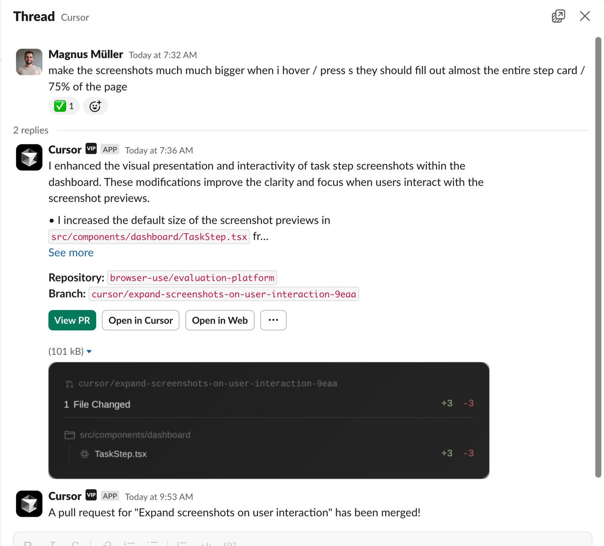 mamagnus00's tweet image. Cursor slack bot is insane for internal tools.
1. Feature requests from colleague via slack
2. Copy & Paste to @cursor_ai slack bot
3. View PR and Push to main