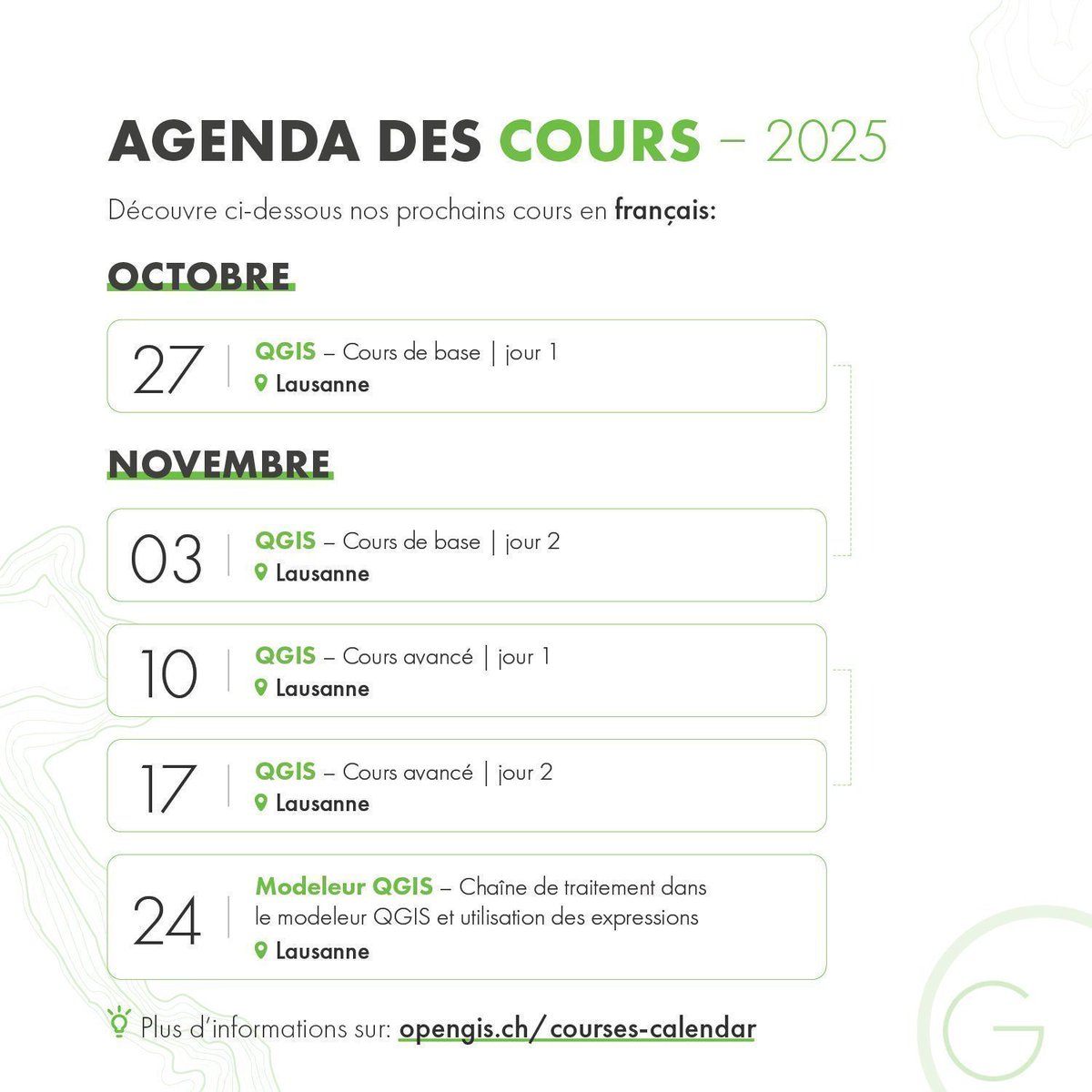 OPENGISch's tweet image. 🧑💻 Tu souhaites mieux comprendre comment utiliser QGIS, INTERLIS, le plugin ModelBaker ou encore QField? Participe à l’un de nos cours pratiques, adaptés autant aux débutants qu’aux utilisateurs expérimentés.
Inscris-toi ici dès maintenant 👉 buff.ly/R1Kdzlq