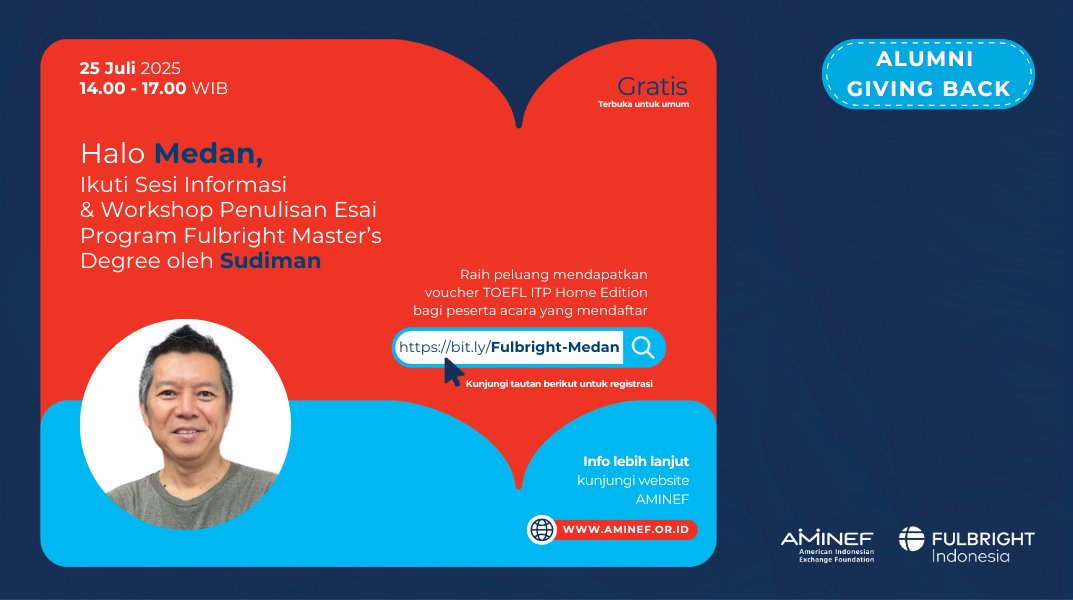 FulbrightID's tweet image. Pengalaman studi Fulbright membuktikan bahwa mimpi ke AS bisa jadi nyata—dari Lubuk Pakam, Sumatra Utara ke dunia.🌎

Temui langsung Fulbrighter Sudiman dan dengarkan kisahnya di sesi #AlumniGivingBack yang ia adakan di Medan.