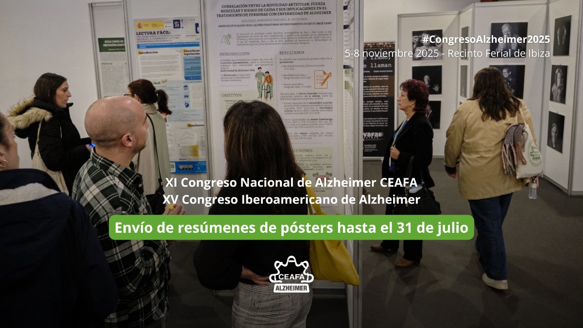 💡 ¡𝗩𝗶𝘀𝗶𝗯𝗶𝗹𝗶𝘇𝗮 𝘁𝘂 𝗽𝗿𝗼𝘆𝗲𝗰𝘁𝗼 𝗲𝗻 𝗲𝗹 #CongresoAlzheimer2025!

📍 Ibiza, 5-8 noviembre
🧠 Presenta tu resumen de póster sobre prevención, #investigación, asistencia o dignidad

📆 Plazo hasta el 31/07
ℹ️ Más información:
➡️congresonacionaldealzheimer.org/es/programa

#CEAFA