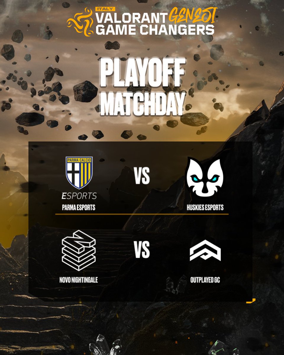 Siamo all'ultimo step prima della Grand Final del #GameChangersItaly! 

🏆 Oggi dalle 18:00 assisteremo alle due semifinali:
▪️<a href="/1913parmacalcio/">𝐏𝐚𝐫𝐦𝐚 𝐂𝐚𝐥𝐜𝐢𝐨 𝟏𝟗𝟏𝟑</a> vs <a href="/huskies_esports/">HUSKIES ESPORTS</a> 
▫️<a href="/NOVOEsports/">NOVO Esports</a> vs <a href="/aNc_Outplayed/">aNc Outplayed</a> 

<a href="/itVALORANT/">VALORANT - Italia</a> #VALORANT #GENESI