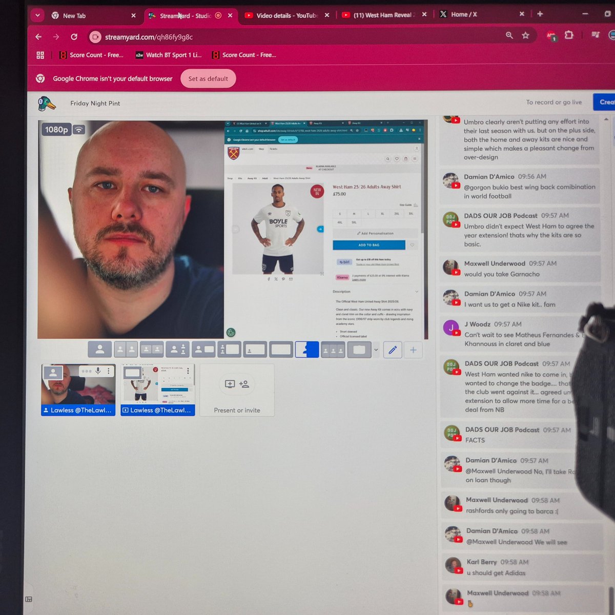 TheLawless's tweet image. How the framing of my kit reaction video looked on streamyard vs how it looked on YouTube 😭. And no one in the comments said anything 😩