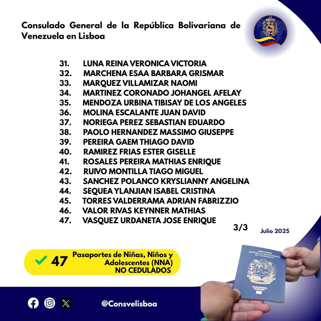ConsulVeneLisboa (@consvelisboa) on Twitter photo 📌Retiro de pasaportes:
🕒lunes a viernes de 09:00 a.m. a 12:00 p.m / 1:00 p.m a 3:00 p.m
🗓️Sin previa cita.
📧Para consultas o información adicional puede escribir un correo al info.consulvenlisboa@gmail.com
@nicolasmaduro @embaveportugal 📌Retiro de pasaportes:
🕒lunes a viernes de 09:00 a.m. a 12:00 p.m / 1:00 p.m a 3:00 p.m
🗓️Sin previa cita.
📧Para consultas o información adicional puede escribir un correo al info.consulvenlisboa@gmail.com
@nicolasmaduro @embaveportugal