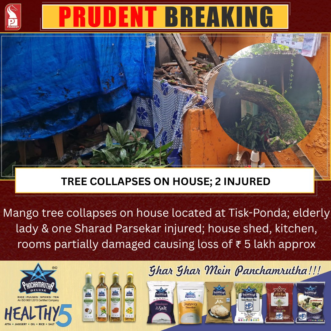prudentgoa's tweet photo. Mango tree collapses on house located at Tisk-Ponda; elderly lady & one Sharad Parsekar injured; house shed, kitchen, rooms partially damaged causing loss of ₹ 5 lakh approx
#Goa #Tisk #Ponda https://t.co/uhQy6jy4Ln