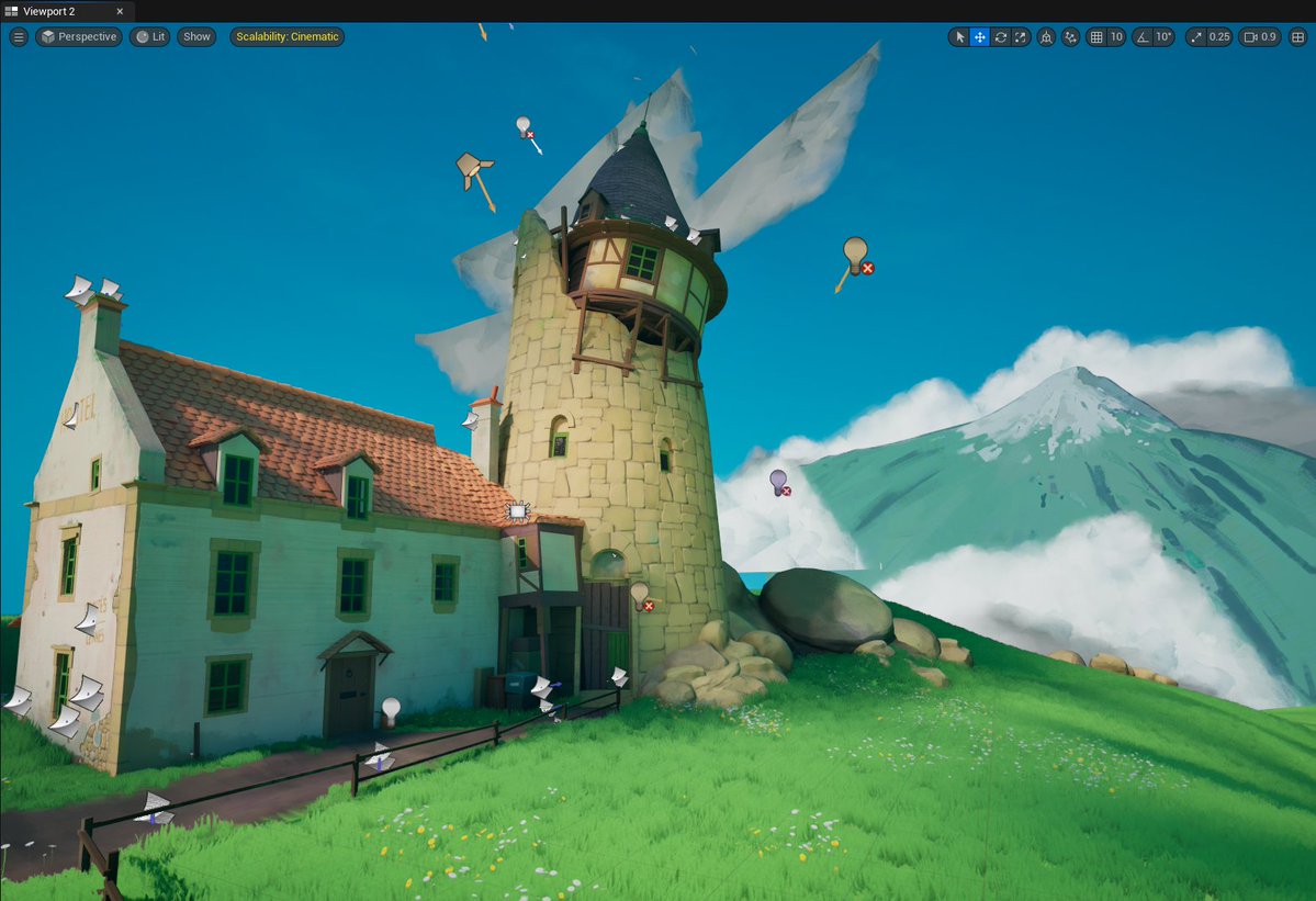 RJducats's tweet image. Not quite done, a fair bit left but I&apos;m feeling good about all the smaller elements coming together. Have been layering cloud planes and making mini-adjustments to textures, lights, and added pink flowers! Would be lovely to animate the clouds to drift slowly  #art #3D #UE5