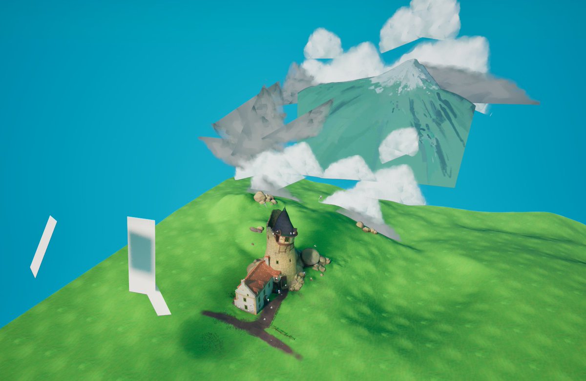 RJducats's tweet image. Not quite done, a fair bit left but I&apos;m feeling good about all the smaller elements coming together. Have been layering cloud planes and making mini-adjustments to textures, lights, and added pink flowers! Would be lovely to animate the clouds to drift slowly  #art #3D #UE5