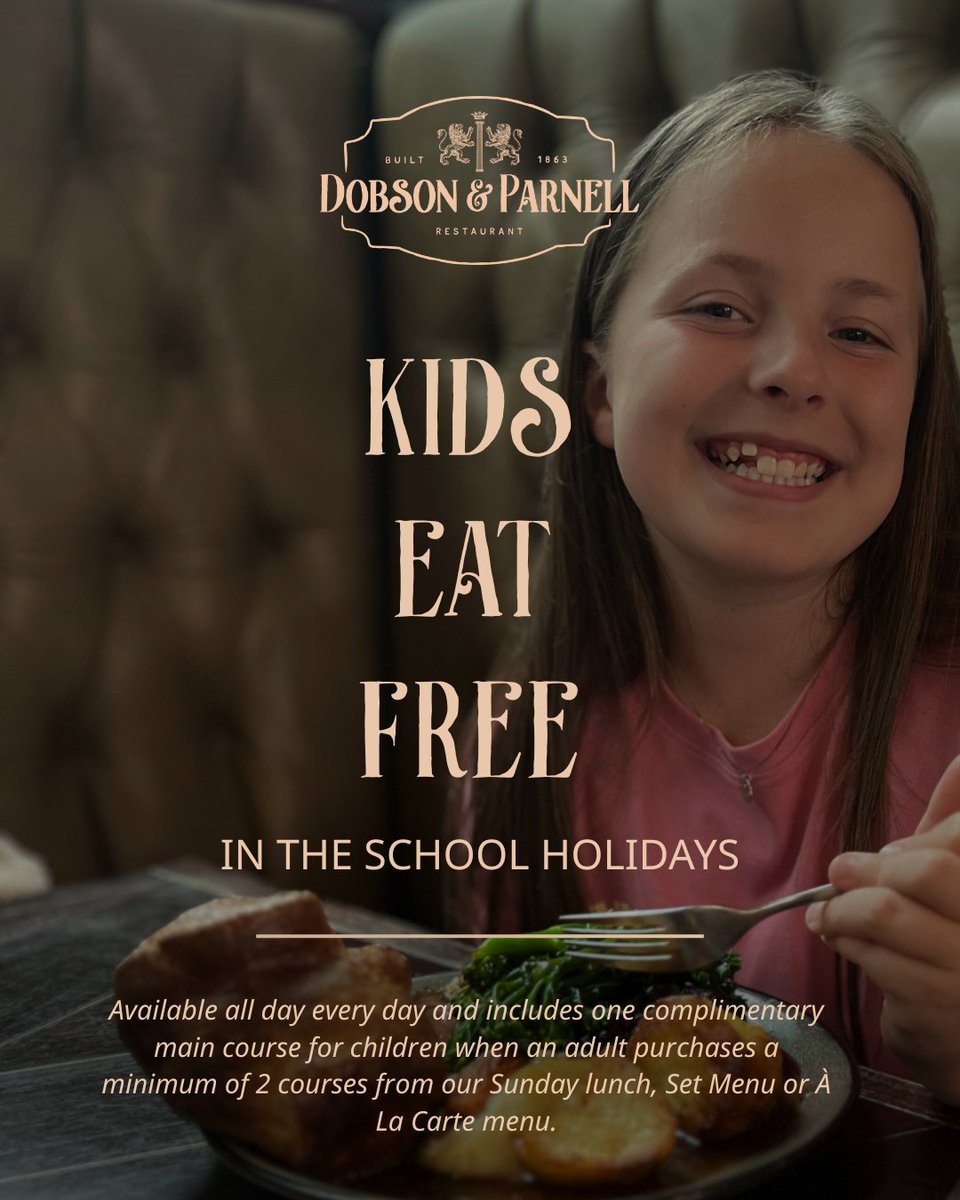 Kids eat FREE at Dobson &amp; Parnell! 👧👦🍽️
One free kids’ main when an adult orders 2+ courses from our Set, Sunday Lunch or À La Carte menus.
✅ All day, every day
📅 Until 30 Dec 2025 (T&amp;Cs apply)
📣 Quote ‘children eat free’ when booking or on arrival

#KidsEatFree