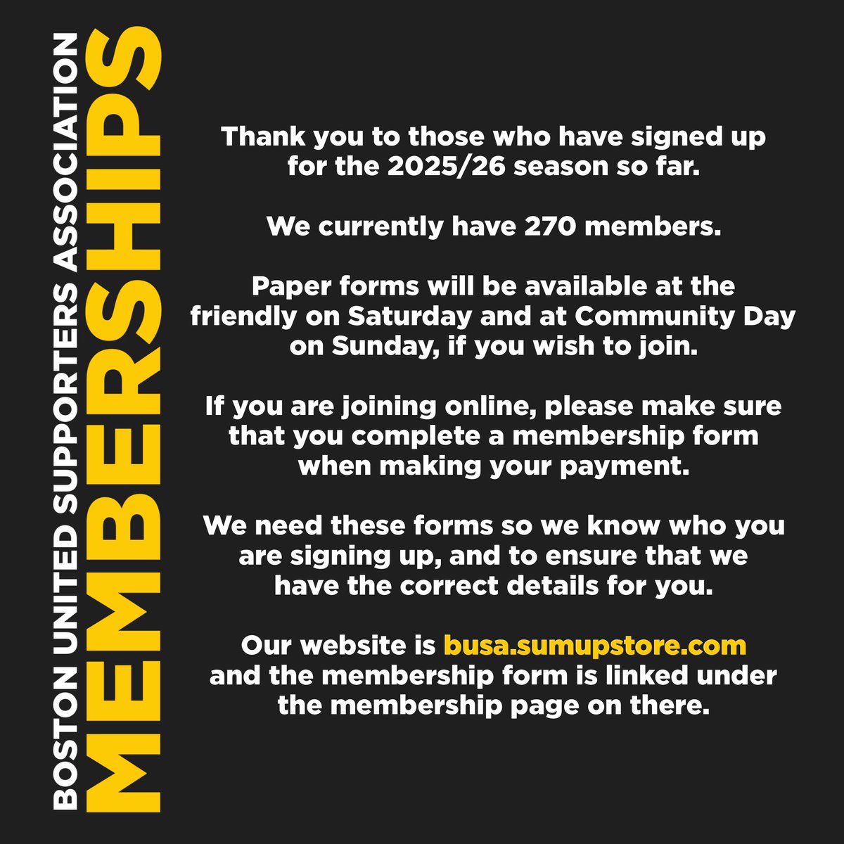 busabufc's tweet image. Thank you to the 270 of you that have signed up with us for the new season so far.
Paper forms will be available over the weekend, and we will be taking cash or card payments for this.
Alternatively, you can join online on our website busa.sumupstore.com but please make…