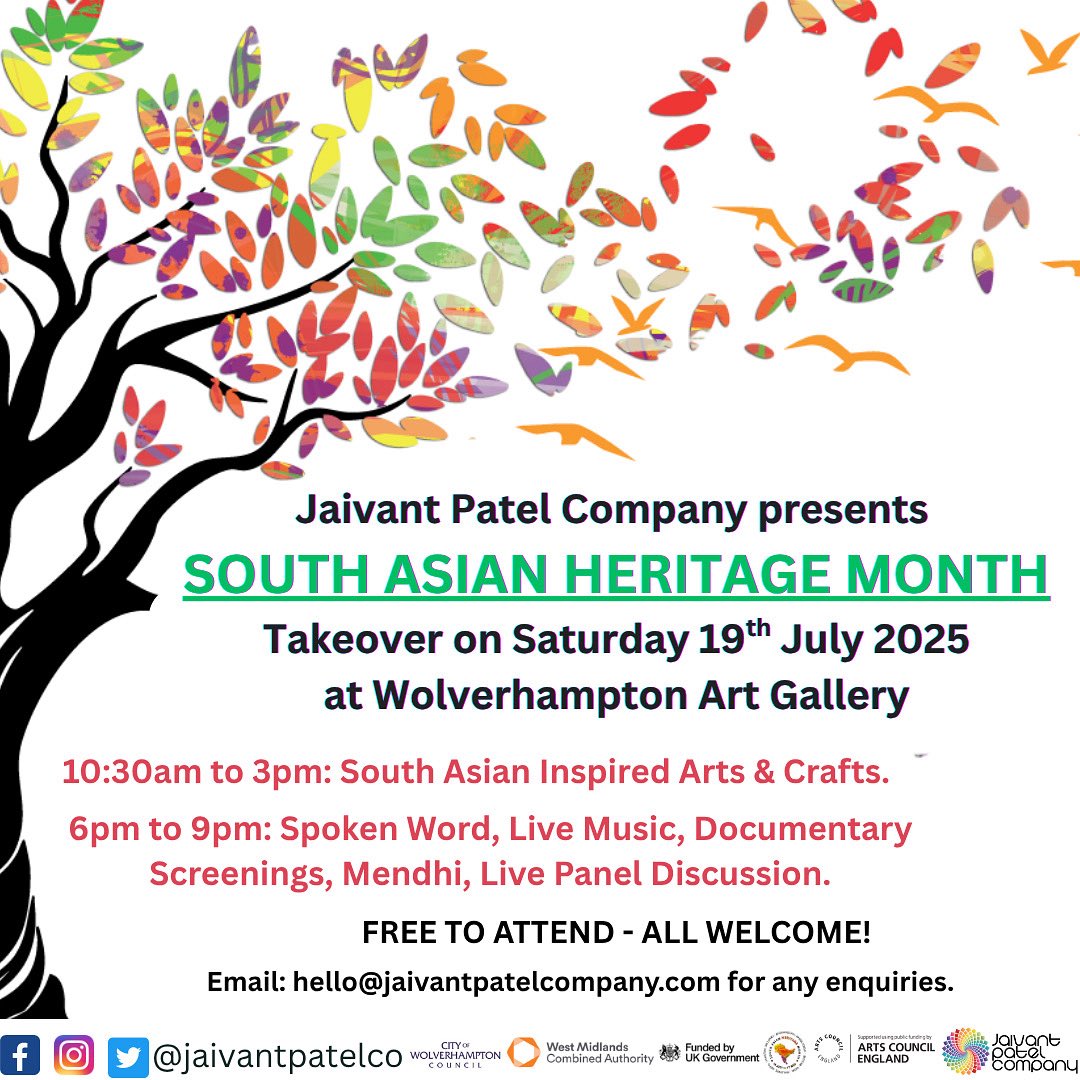 jaivantpatelco's tweet photo. HAPPENING THIS SATURDAY…

JPCO’s SOUTH ASIAN HERITAGE MONTH TAKEOVER 2025

Join JPCo on 19/07/25 for a takeover celebrating @SAHM_UK at @WolvArtGallery from 10:30AM to 9:00PM!

Email for all enquiries: hello@jaivantpatelcompany.com https://t.co/5cDBkWZx55