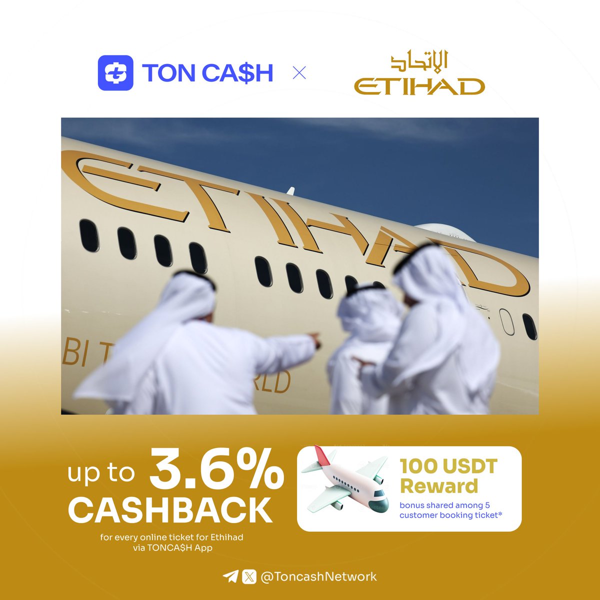 ToncashNetwork's tweet photo. βοΈ Fly Smart with @etihad + TONCA$H
Book your next flight with Etihad Airways and earn 3.6% cashback when you book through TONCA$H! π
π« World-class comfort
β
Global destinations
π³Cashback straight to your wallet
πΊ Book now: https://t.co/R3iA0TdV9G
#TONCASH #flight #travel #flightops #uae
