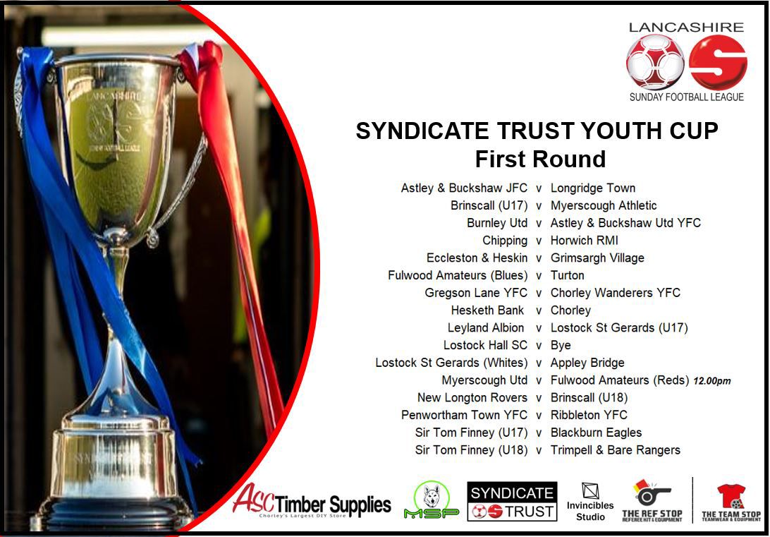 Here is the draw for the first round of Syndicate Trust Youth Cup ⚽️🏆

Ties are due to be played on Sunday 7th September 2025, k/o 11.00am