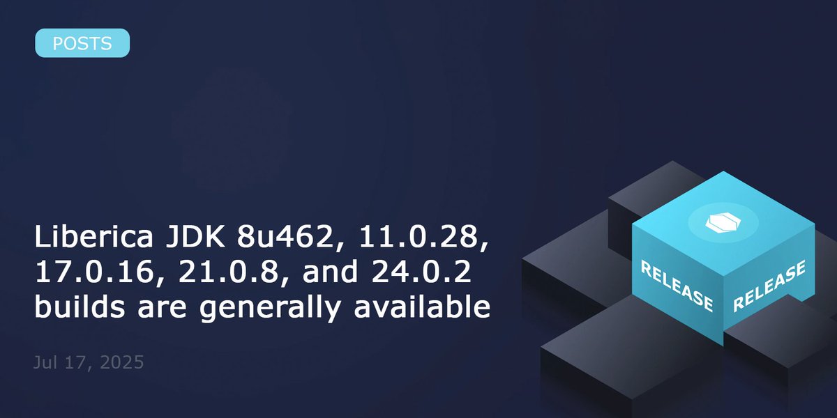 bellsoftware's tweet photo. New #LibericaJDK CPU release is live – covering versions 8, 11, 17, 21, and 24. 985 total fixes, 31 security patches, 950+ backports, and 12 issues resolved with help from the #BellSoft team.
More info: https://t.co/QN0TR5Ynt6 
Download: https://t.co/do9RD8Kehu https://t.co/O6uapKsRk3