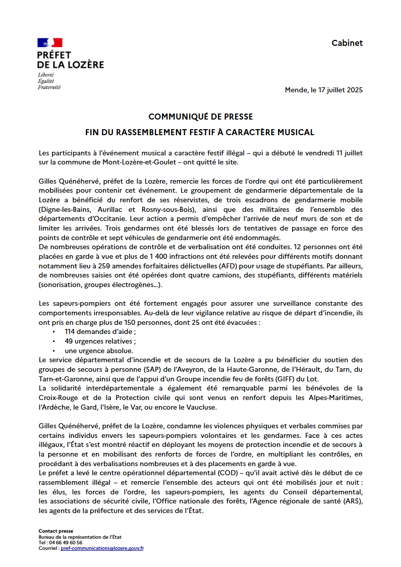 Prefet_48's tweet image. 🔴Fin du rassemblement festif à caractère musical
Les participants à l’événement musical a caractère festif illégal – qui a débuté le vendredi 11 juillet sur la commune de Mont‑Lozère‑et‑Goulet – ont quitté le site.
Gilles Quénéhervé, préfet de la Lozère, remercie les forces de…