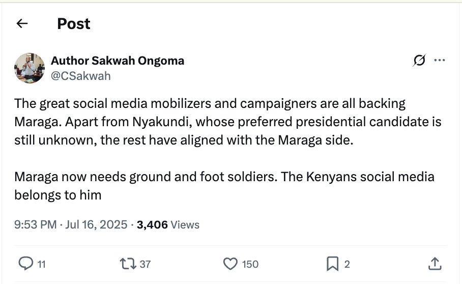 So this idea that Maraga now owns Kenyan social media because a handful of known influencers have come out to support him is not only laughable but deeply shallow, the truth is we have seen this influencer wave before in multiple election cycles, and every time, it crashes the