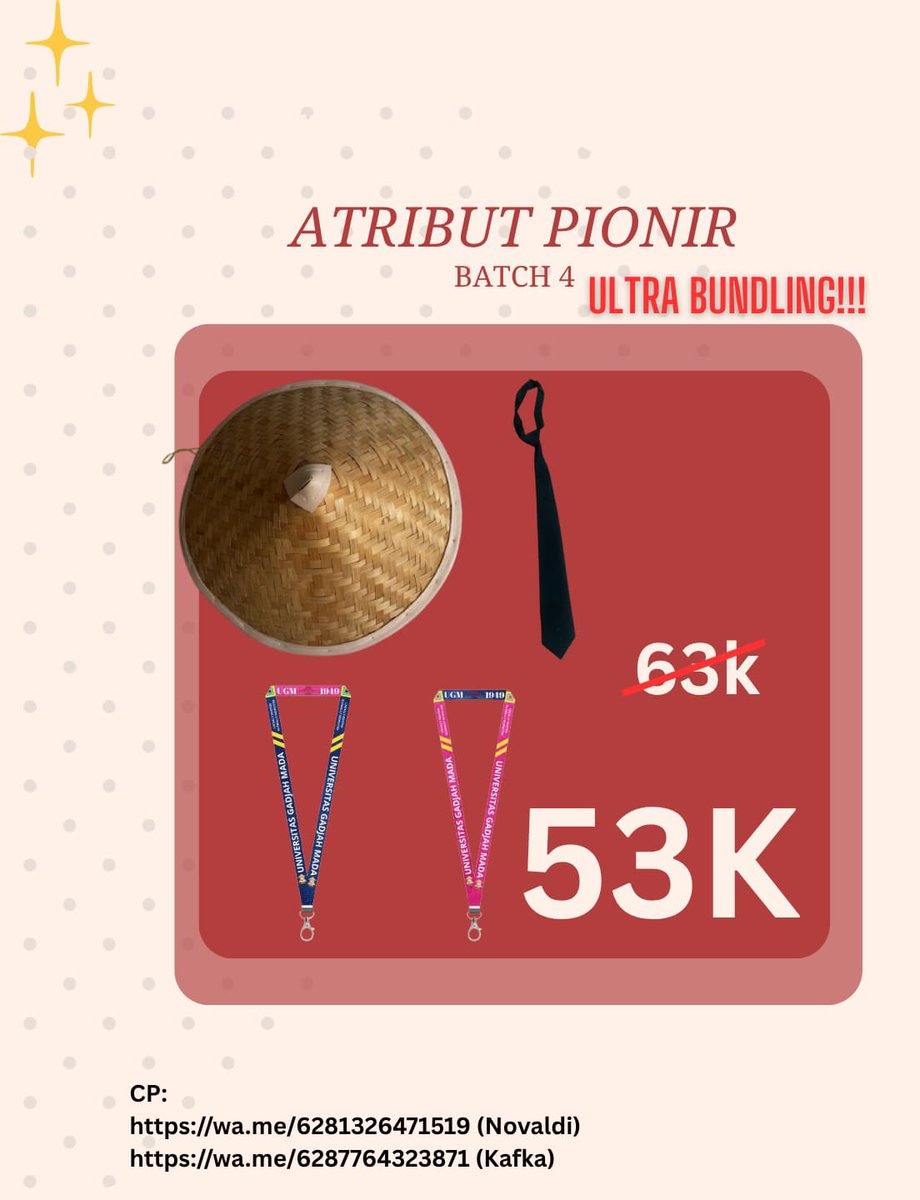 atributcasu's tweet photo. 📲 CP:
https://t.co/ZvLS5mRAzG (Novaldi)
https://t.co/iyuMAElD0D (Kafka)
📩 Info lebih lanjut? Langsung kepoin sosmed kita ya:
@atributpionir_casu on Instagram
@casugenkugm on tiktok
@atributcasu on X
#maba #gamada #atribut #pionir #ugm https://t.co/3WRHtjbJAC