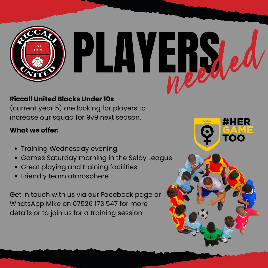 Riccall United Blacks Under 10's (current year 5) are looking for players. If you are interested, get in touch with Mike on 07526 173 547