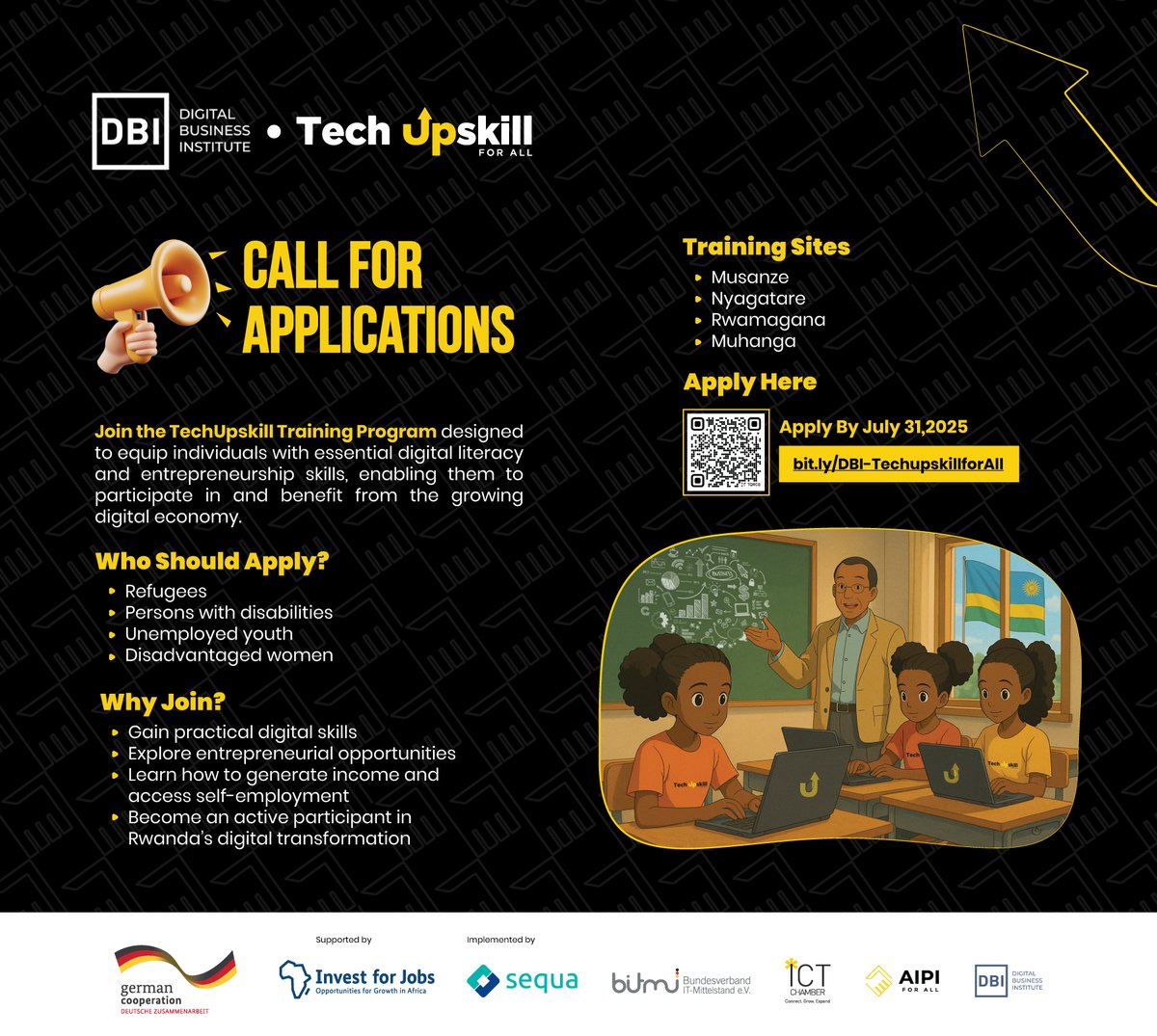 dbi_rwanda's tweet image. 🚀 CALL FOR APPLICATIONS!
Join TechUpskill for All Program & gain essential digital & entrepreneurship skills to thrive in Rwanda’s digital economy with training offered in Musanze, Nyagatare, Rwamagana & Muhanga.
🗓️Apply by July 31: bit.ly/DBI-Techupskil…
#TechUpskillforAll
