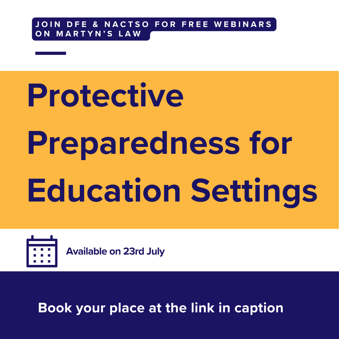 Protective Preparedness for Education Settings

Join DfE &amp; NaCTSO for a free webinar on Martyn’s Law.

23rd July - zurl.co/JRUio 

#MartynsLaw