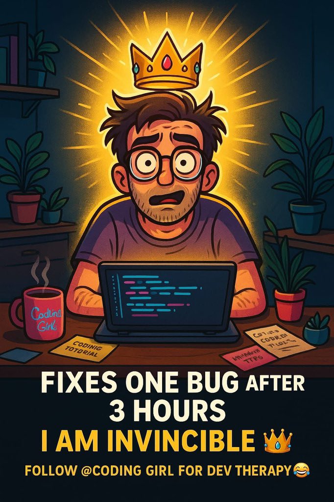 dev_abdul_azeem's tweet image. 🧠 After 3 hours, 27 Stack Overflow threads, and one existential crisis…
The bug is gone. I am unstoppable. 👑
#DevLife #BugFixer #CoderStruggles #100DaysOfCode #WomenWhoCode #CodingHumor #DeveloperLife #DebuggingLife #TechTherapy #FollowForLaughs #ProgrammingMeme