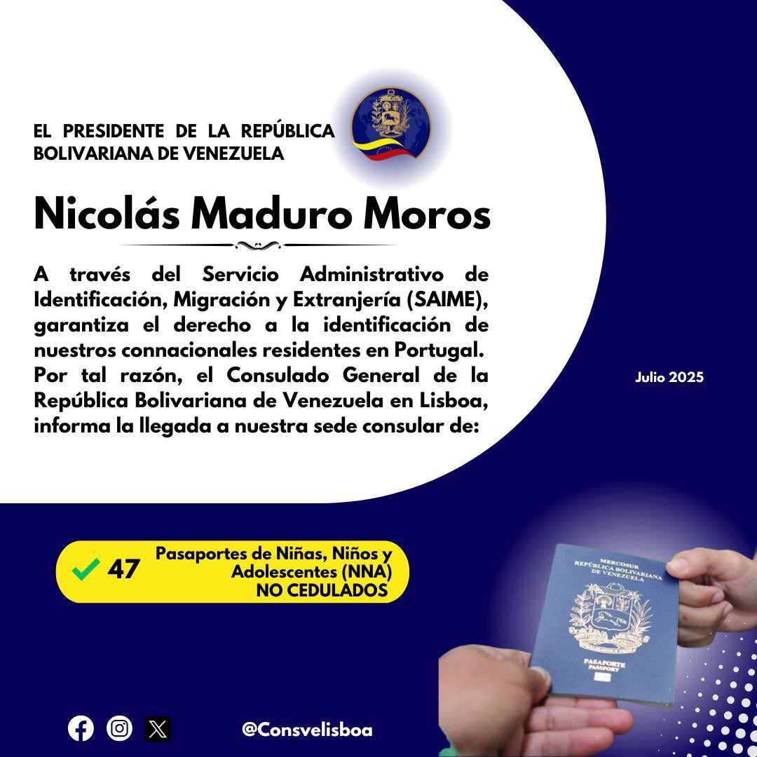conslisboa_ve's tweet photo. 🔴AVISO IMPORTANTE🔴 
 
🔰Llegada de Pasaportes🔰 
 
📌El Consulado General de la República Bolivariana de Venezuela en Lisboa informa a sus connacionales que, gracias al Presidente Nicolás Maduro Moros, hemos recibido una valija diplomática contentiva de 47 Pasaportes de NNA S/C https://t.co/2PP15gLshr