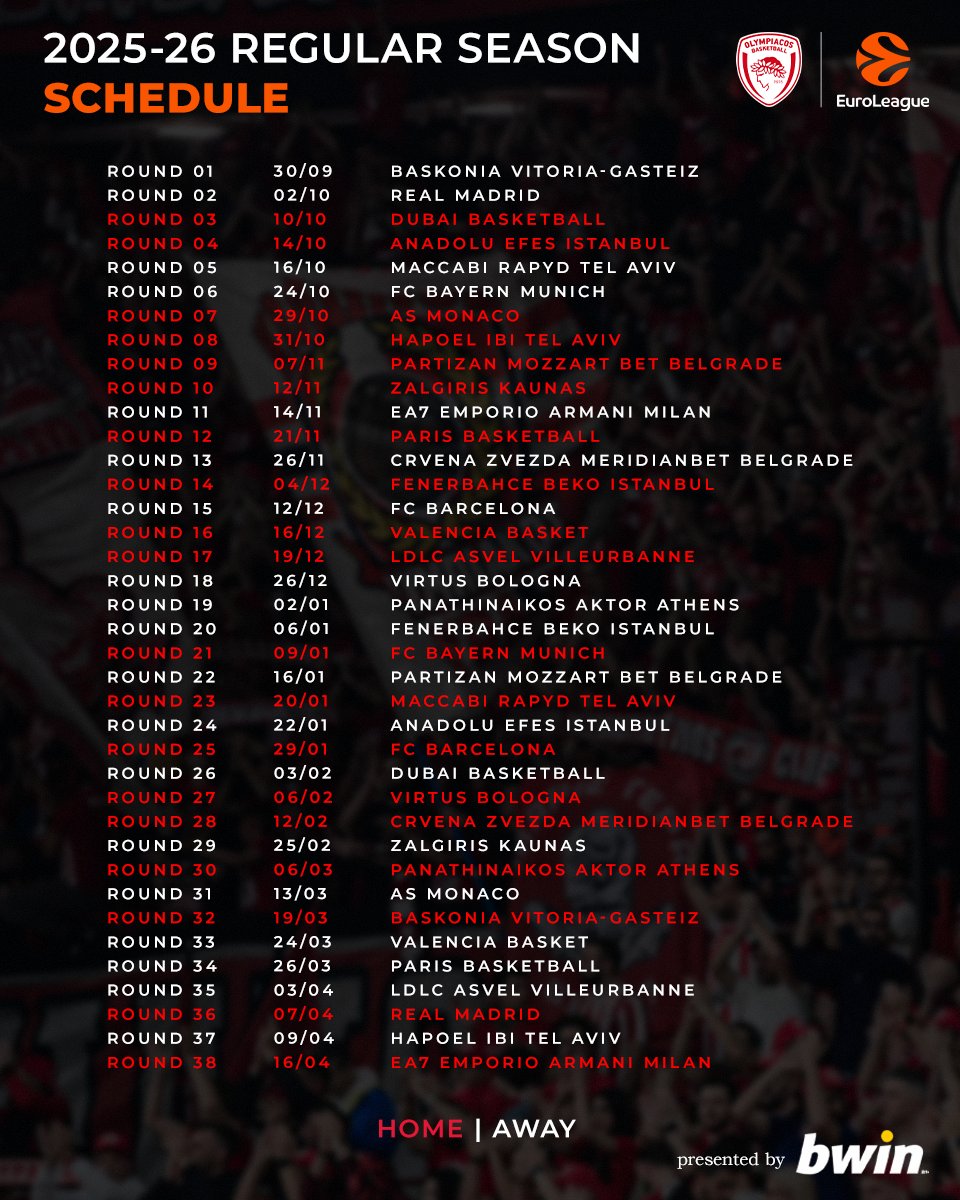 🔥 Νέα σεζόν, νέες «μάχες», ίδιος στόχος!

🔴⚪ Tο πρόγραμμα του Ολυμπιακού στην κανονική περίοδο της EuroLeague.

📍 Κάθε ματς, κάθε έδρα, κάθε πρόκληση

💻 shorturl.at/Rpmcm

#OlympiacosBC #WeAreOlympiacos #TogetherWeFight