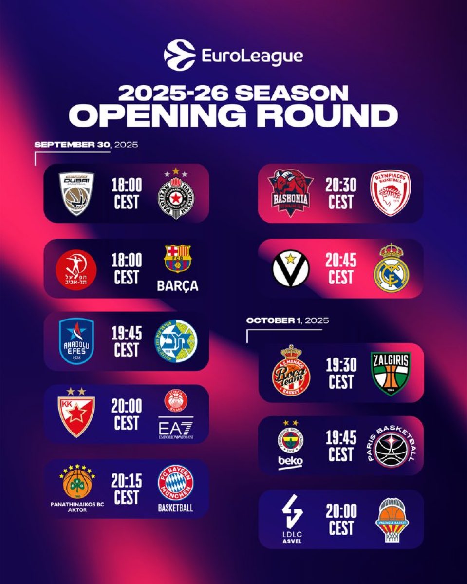 Abel Aguado (@abelaguado_) on Twitter photo 📅Ya se conoce el calendario de <a href="/EuroLeague/">EuroLeague</a> 25-26
<a href="/valenciabasket/">Valencia Basket Club</a> arrancará la Liga Regular frente <a href="/LDLCASVEL/">LDLC ASVEL</a>
El estreno del Roig Arena en competición europea será el 3 de Octubre (20:30) 🆚<a href="/VirtusBo/">Virtus Bologna</a> 📅Ya se conoce el calendario de <a href="/EuroLeague/">EuroLeague</a> 25-26
<a href="/valenciabasket/">Valencia Basket Club</a> arrancará la Liga Regular frente <a href="/LDLCASVEL/">LDLC ASVEL</a>
El estreno del Roig Arena en competición europea será el 3 de Octubre (20:30) 🆚<a href="/VirtusBo/">Virtus Bologna</a>