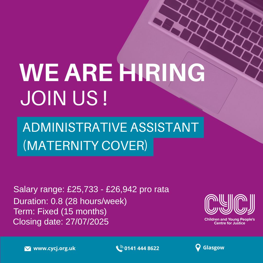 CYCJScotland's tweet image. 📣 It is official, we are hiring! 📣
Join our team at CYCJ as part of the Administration Team as an Administrative Assistant (Maternity Cover) and help make a difference in children and young people’s lives.
📍 Glasgow | 💰 £25,733 – £26,942 | ⏱️ 28 Hours per Week | 💼 15…