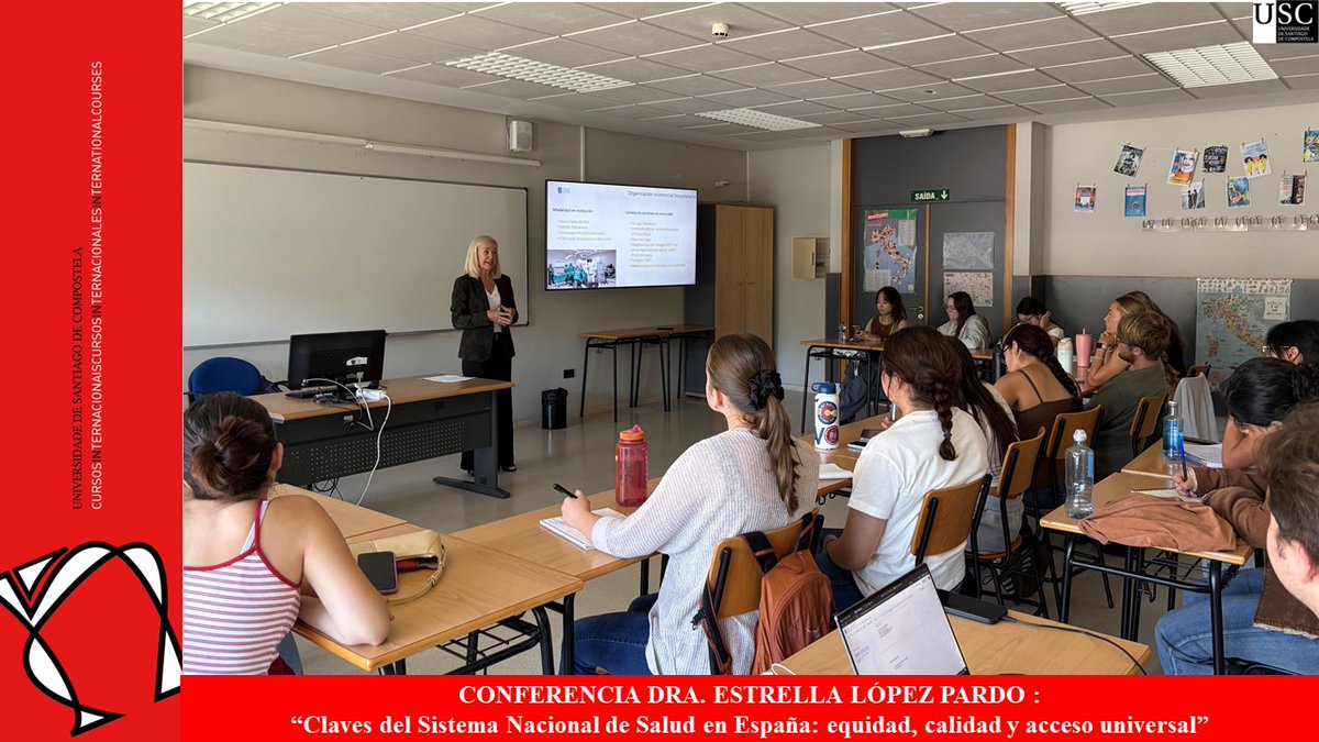 ci_usc's tweet photo. El 8 de julio la Dra. Estrella López- Pardo impartió una conferencia en el Curso de Español y Ciencias de la Salud a alumnos procedentes de universidades norteamericanas y canadienses, titulado: “El Sistema Nacional de Salud en España: público, universal y de alta calidad.” https://t.co/kIClFPVSAb