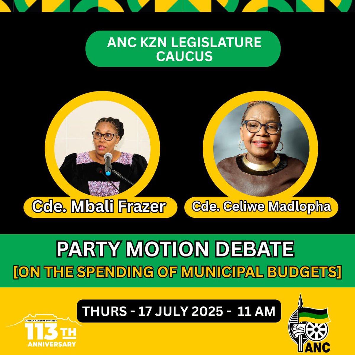 ANCKZN's tweet image. ANC KZN Legislature Caucus Debate on the Premier’s Report, on Communities in Distress due to floods.
Date: Thursday, 17 July 2025
Time: 11h00
#ANCAtWork
#LetsDoMoreTogether