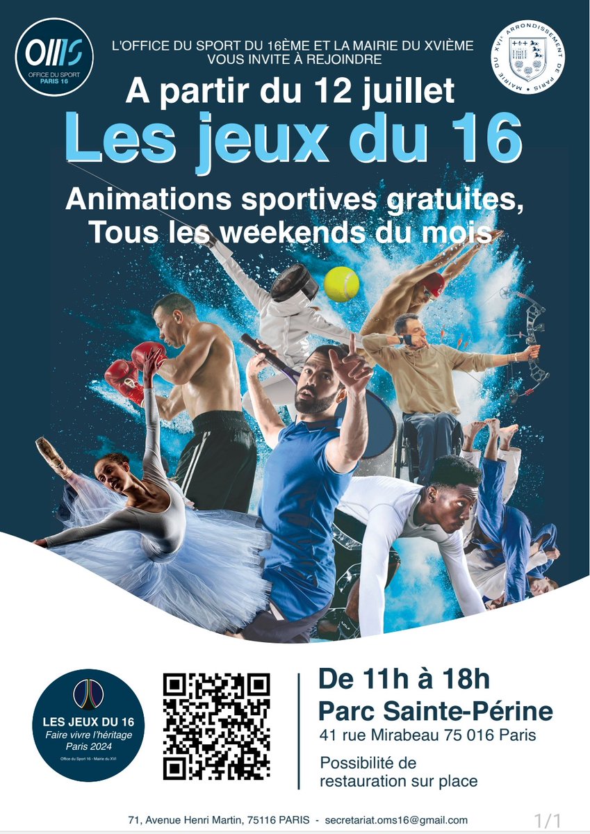 Mairie du XVIe (@mairiedu16) on Twitter photo 🎉 Animations sportives gratuites au parc Sainte-Périne !
Tous les week-ends jusqu’à fin juillet, la Mairie du XVIe et l’<a href="/OMS16e/">OMS16Paris</a> vous invitent à découvrir de nombreux sports en famille : 🏸 Badminton, ⚽ Foot, 🏀 Basket, 🎯 Tir à l’arc, ♟ Échecs, ⚾ Base-ball, 🦯 Cécifoot, et 🎉 Animations sportives gratuites au parc Sainte-Périne !
Tous les week-ends jusqu’à fin juillet, la Mairie du XVIe et l’<a href="/OMS16e/">OMS16Paris</a> vous invitent à découvrir de nombreux sports en famille : 🏸 Badminton, ⚽ Foot, 🏀 Basket, 🎯 Tir à l’arc, ♟ Échecs, ⚾ Base-ball, 🦯 Cécifoot, et