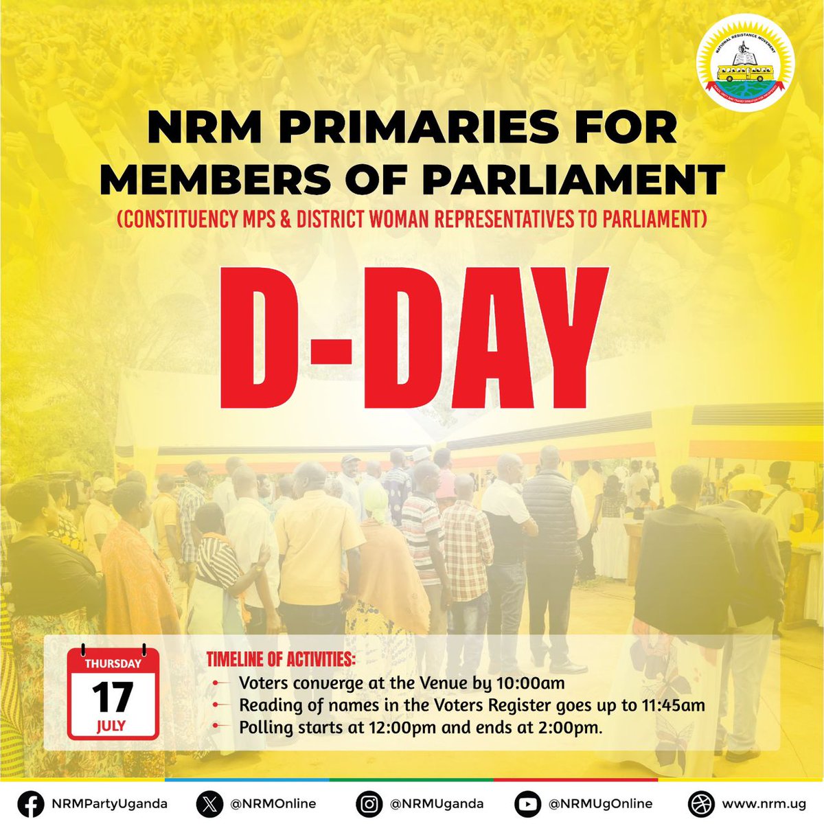 MaseGadrianal's tweet image. The wait is over! @NRMOnline primaries for District Women Reps & MPs happen today, Thursday 17th July, 12–2PM in all 72,000 villages. Barazas start at 10AM. All party members are urged to participate in choosing our flagbearers. #NRMPrimaries #UgandaDecides